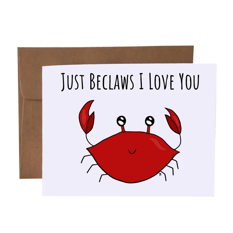 Crab Pun Love Card – Cartoon red crab with the words Just Beclaws I Love You – Greeting Card in black