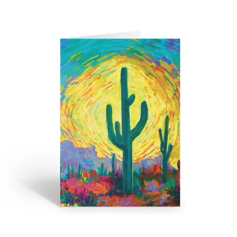 Saguaro Cactus Card with a Swirling Desert Sunset