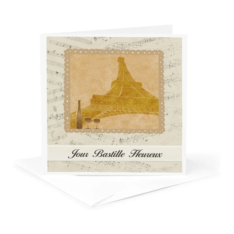 Bastille Day Celebration Card – Gold Eiffel Tower with “Jour Bastille Heureux” script – Greeting Card in black