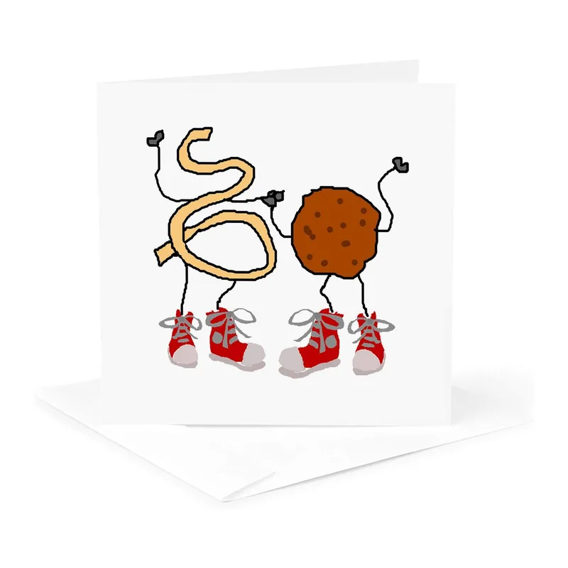 Spaghetti and Meatball Card – Cartoon spaghetti and meatball holding hands in red sneakers – Greeting Card in natural