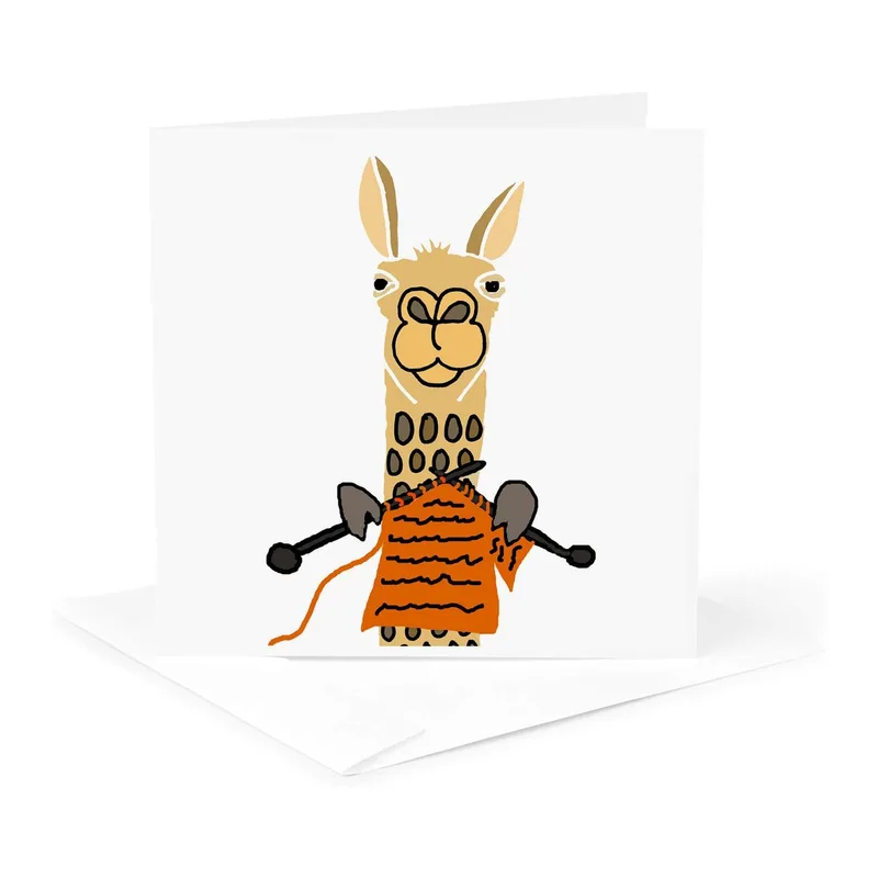 Knitting Llama Card: A Cartoon Llama Working on Orange Yarn Project