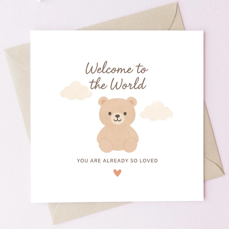 Teddy Bear Watercolor Clouds Card for a New Baby