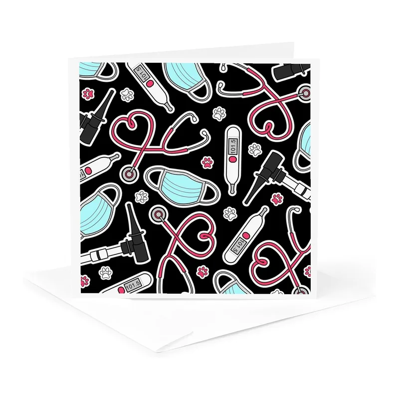Vet Tech Card: Black Pattern with Medical Tools and Paw Prints
