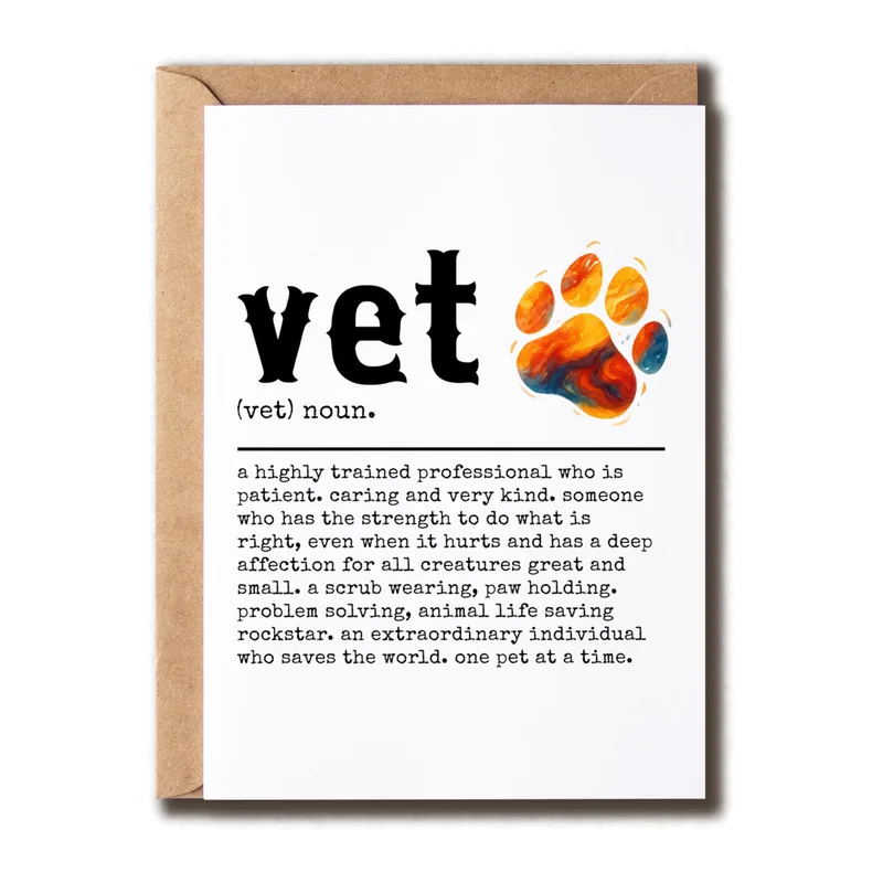 Vet Appreciation Card – Dictionary-style vet definition beside a watercolor paw print – Greeting Card in black