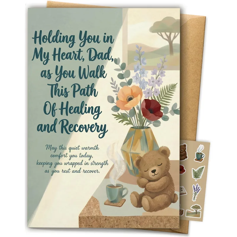 Get Well Dad Card – Teddy bear beside flowers and tea with healing message – Greeting Card in black