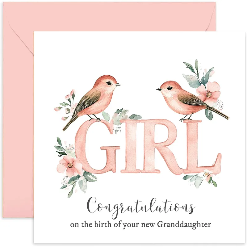 Pink Watercolor Birds Card – Pink watercolor birds perched on GIRL lettering, congratulations card – Greeting Card in black