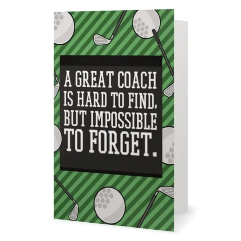 Golf Coach Card – Green striped card with golf balls, clubs and bold white lettering – Greeting Card in black