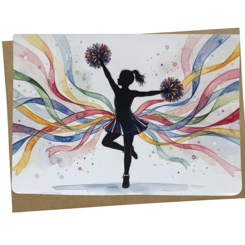 Cheerleading Birthday Card with a Watercolor Ribbon Silhouette