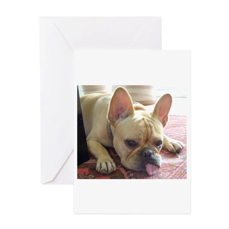French Bulldog Card: A Fawn Pup Sprawled and Sticking Out Its Tongue
