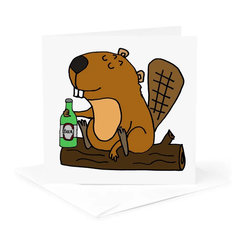 Beaver Beer Card – Cartoon beaver on a log holding a green bottle labeled BEER – Greeting Card in black
