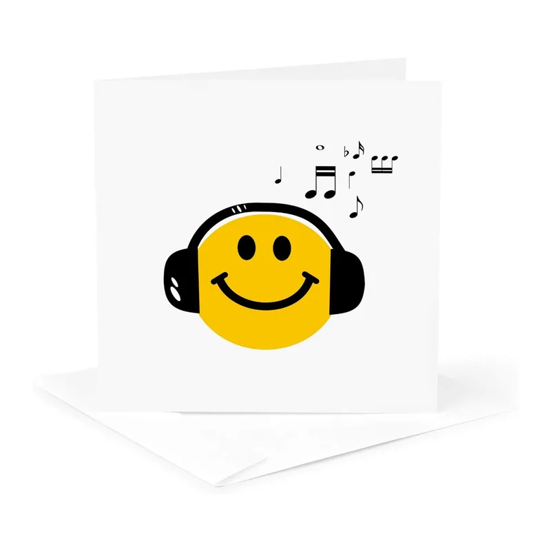 Music Lover Card: Yellow Smiley Face Headphones Design