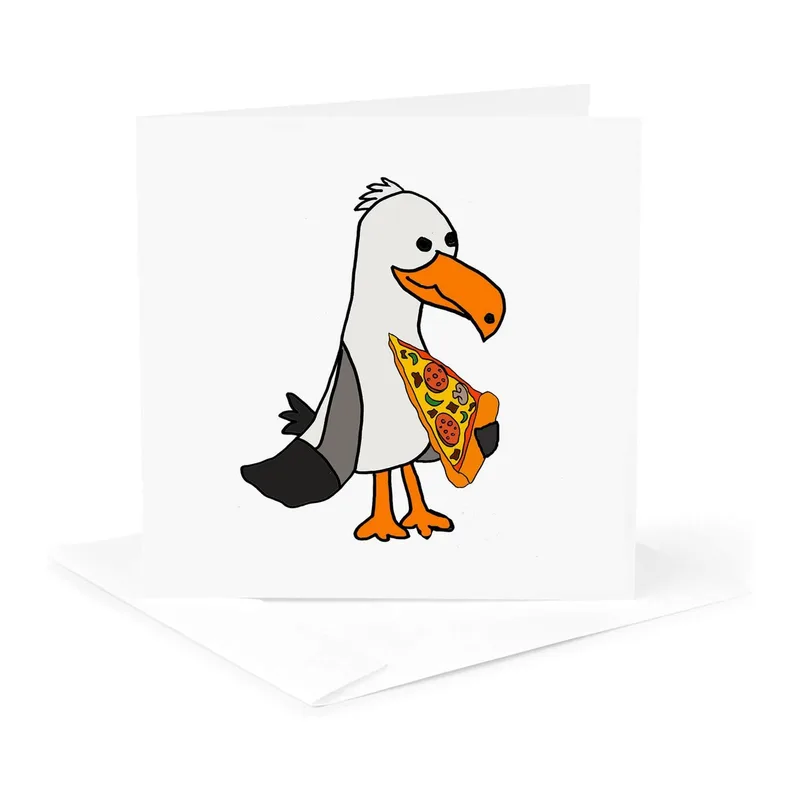 Pizza Stealing Seagull Card – Cartoon seagull holding a slice of pizza – Greeting Card in black