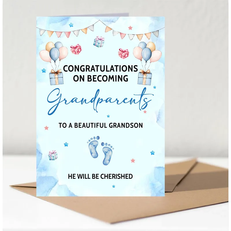 Blue Watercolor Balloons Footprints Card for New Grandson