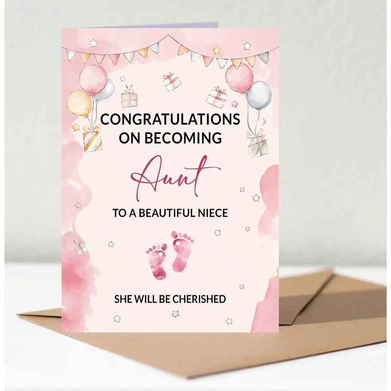 Congratulations Niece Card for New Aunt with Pink Watercolor Balloons
