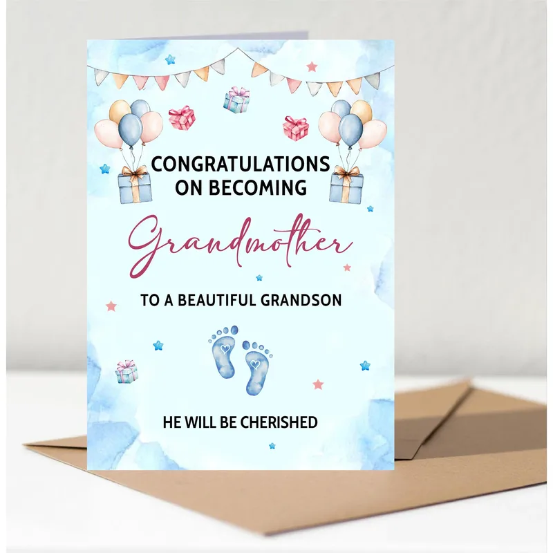 New Grandmother Card featuring blue watercolor balloons