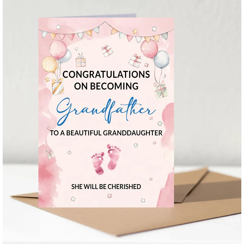New Granddaughter Grandfather Card with Pink Watercolor Balloons