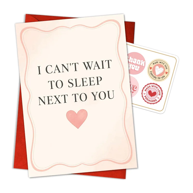 Sleep Next to You Card – Card with text I CAN'T WAIT TO SLEEP NEXT TO YOU and a pink heart – Greeting Card in natural