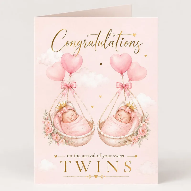 Twin Babies Balloons New Baby Card for Sweet Twins Arrival