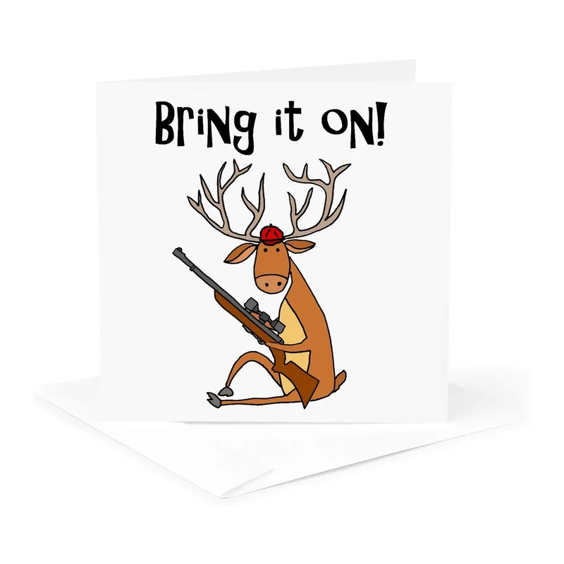 Cartoon Brown Deer Card: A Hunting Buck Says Bring It On