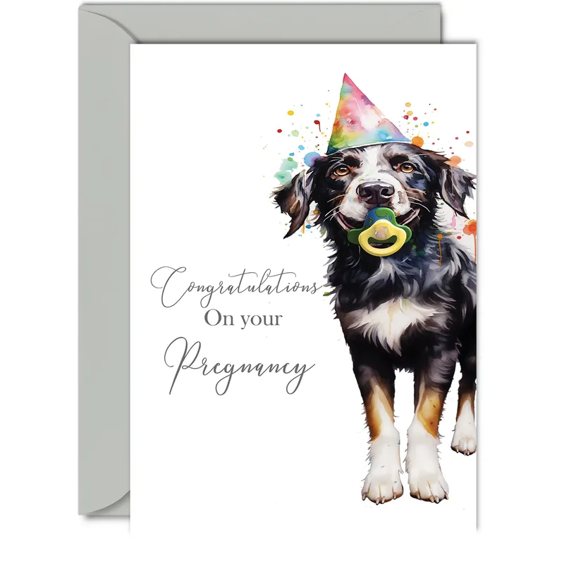 Dog Party Hat Pregnancy Card featuring a watercolor dog