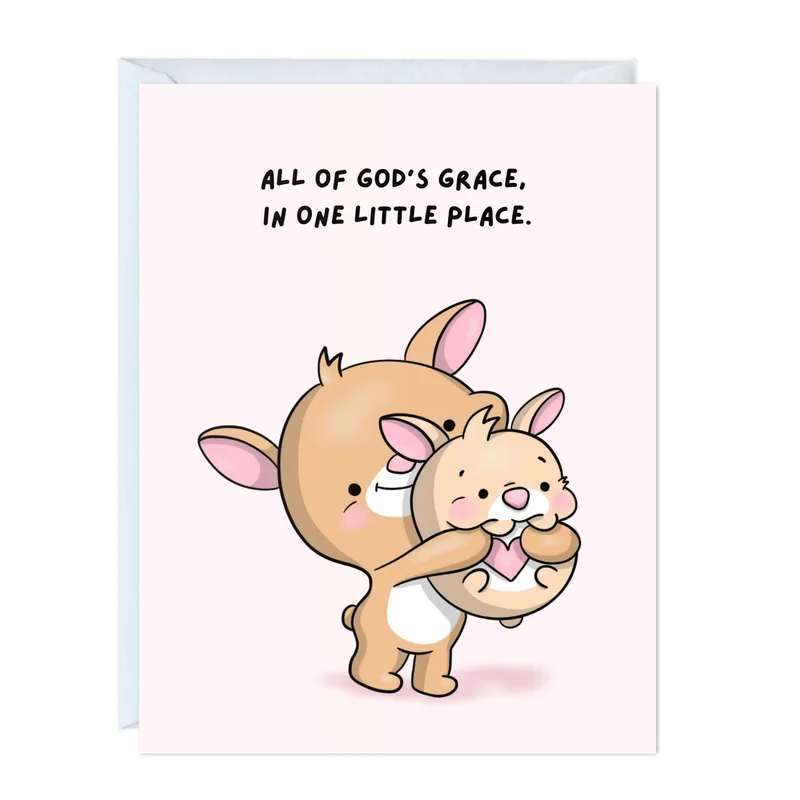 Bunnies Hugging Pink Card: A Cute Religious Greeting for Baptism