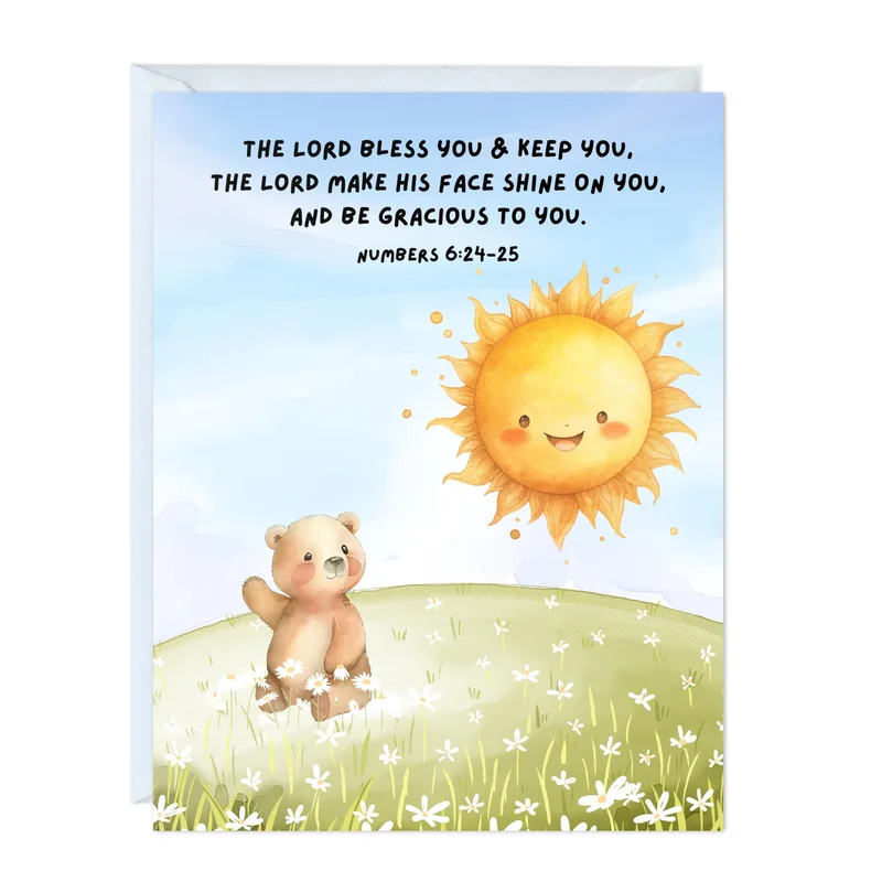 Bear Sun Meadow Watercolor Card Blessing for Baptism and Christening