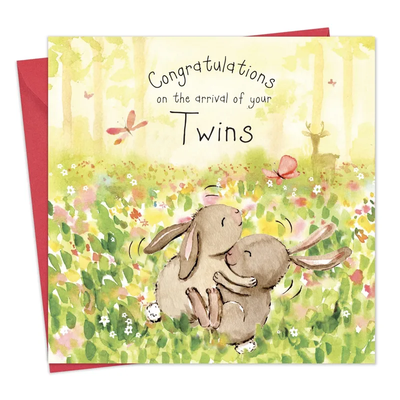 Bunnies Meadow New Baby Card for Twin Parents