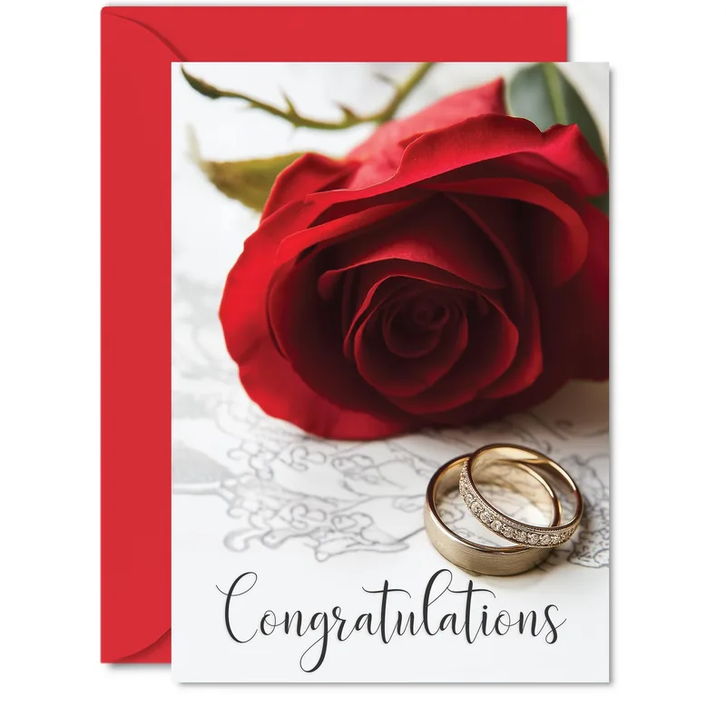 Rose Gold Rings Wedding Card Celebrating Newlyweds with Red Roses