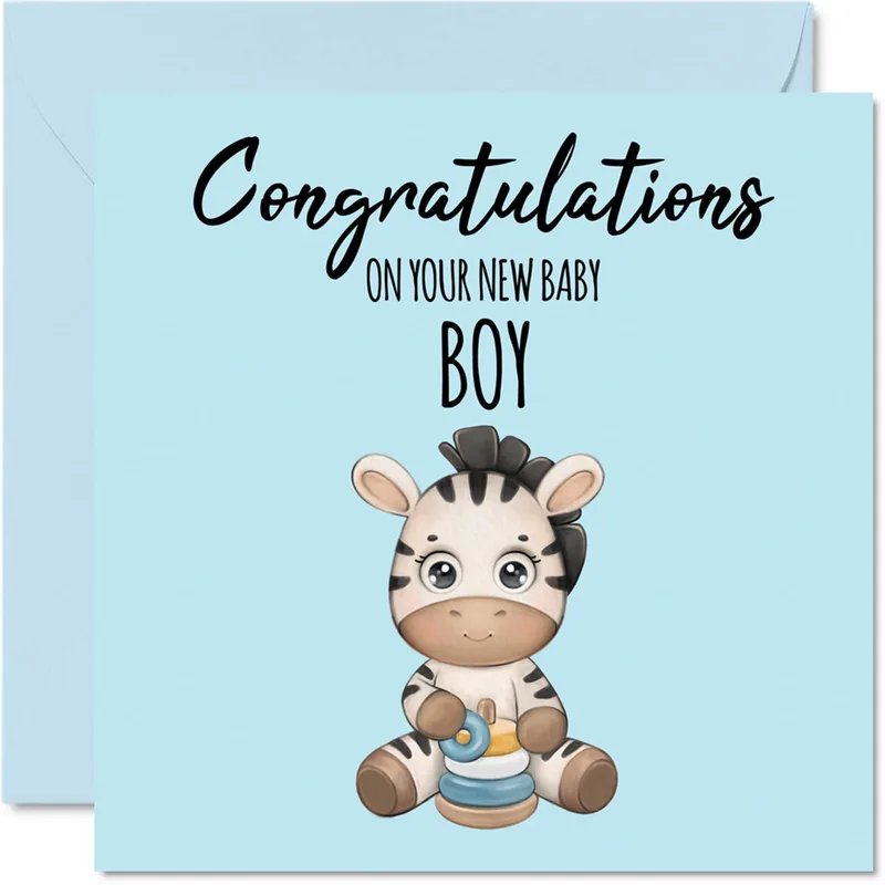 Blue Zebra Plush New Baby Card for a Newborn Boy