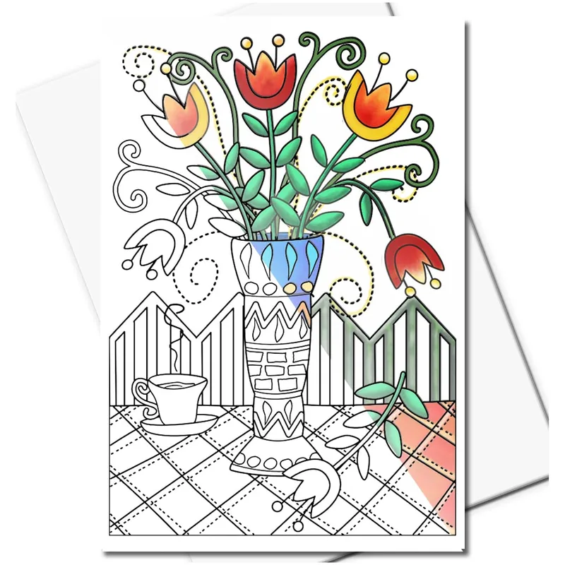 Line Art Flower Vase Card: A Coloring Page Design for Relaxation