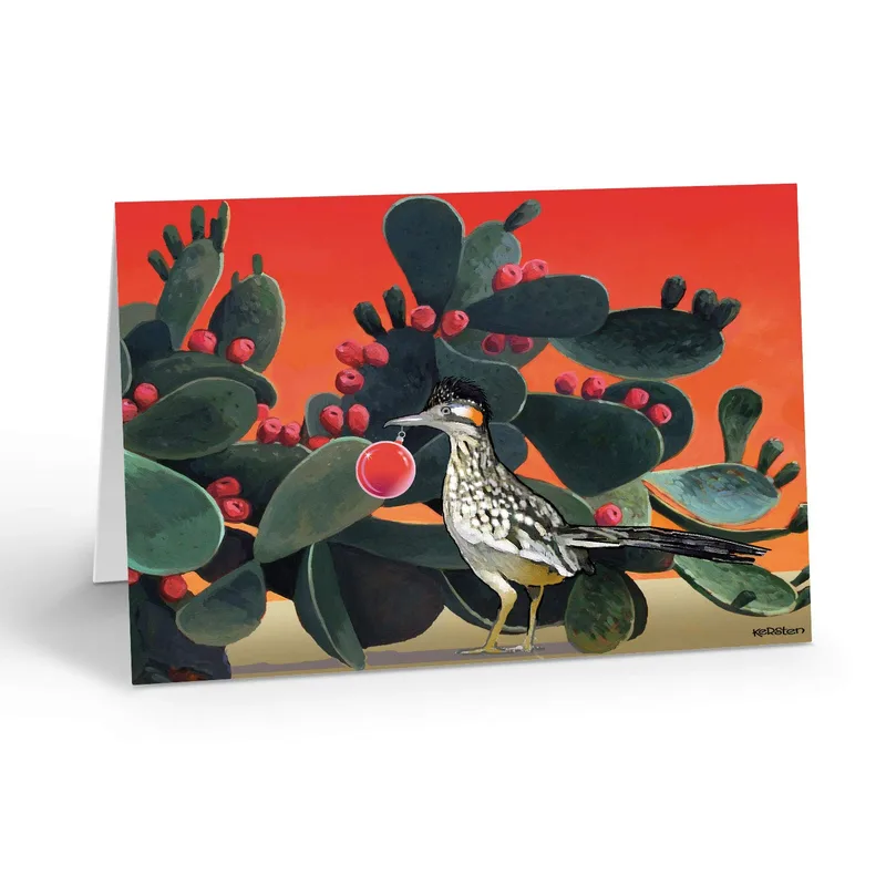 Roadrunner Cactus Red Background Card: Desert Art with a Holiday Twist