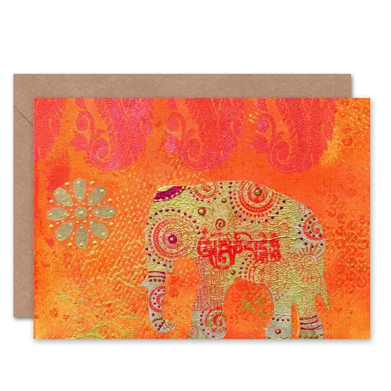 Orange Elephant Mandala Card: Vibrant Indian-Inspired Art