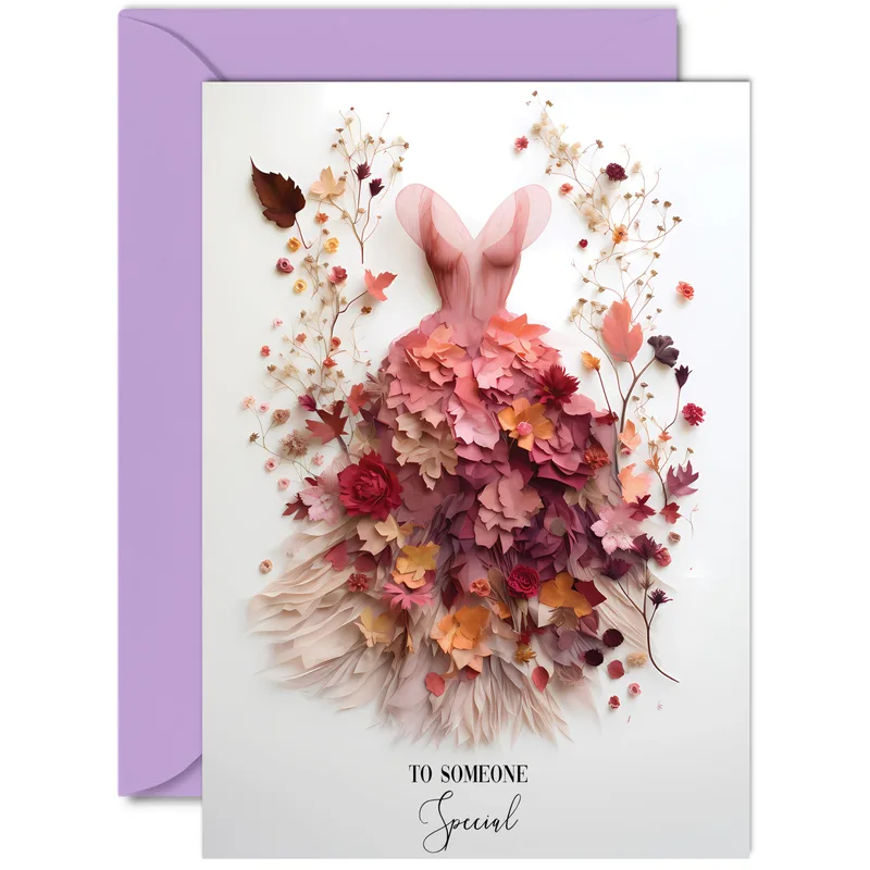 Pink Floral Dress Woman Card: A Botanical Gown Design