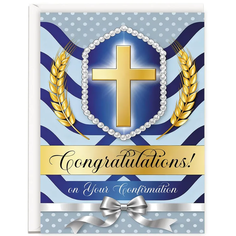 Blue Chevron Gold Cross Card Celebrating a Boy's Religious Milestone