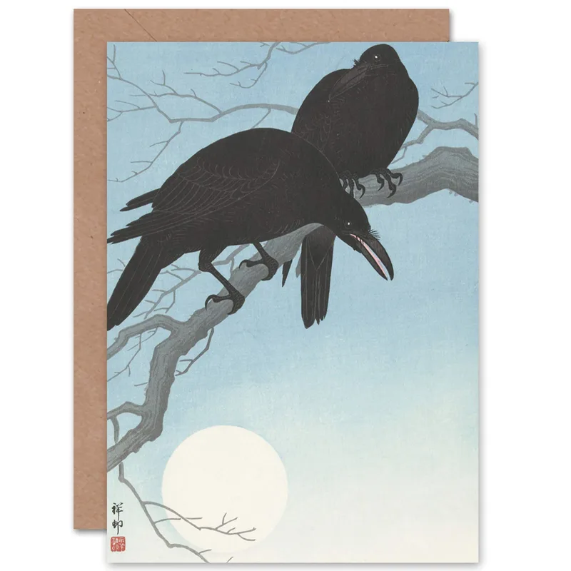 Crows Moon Japanese Woodcut Card: Two Crows Perched on a Branch