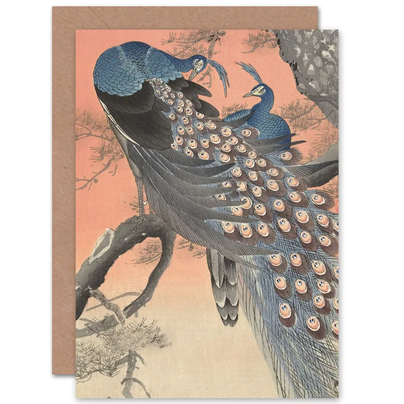 Peacocks Orange Japanese Woodcut Card: Artistic Thank You Note