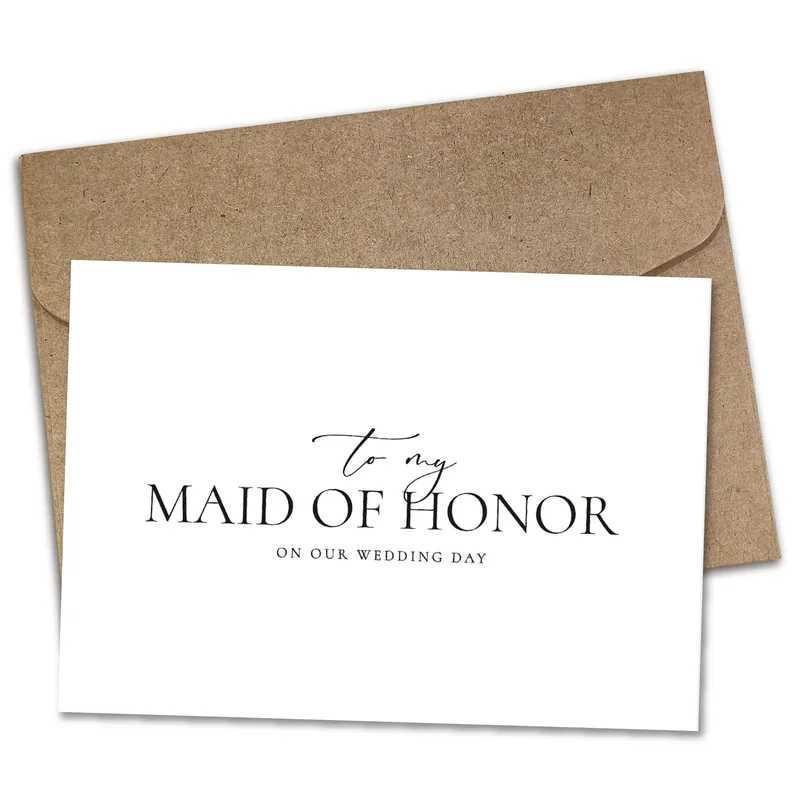Script Minimal White Wedding Card for Maid of Honor Tribute
