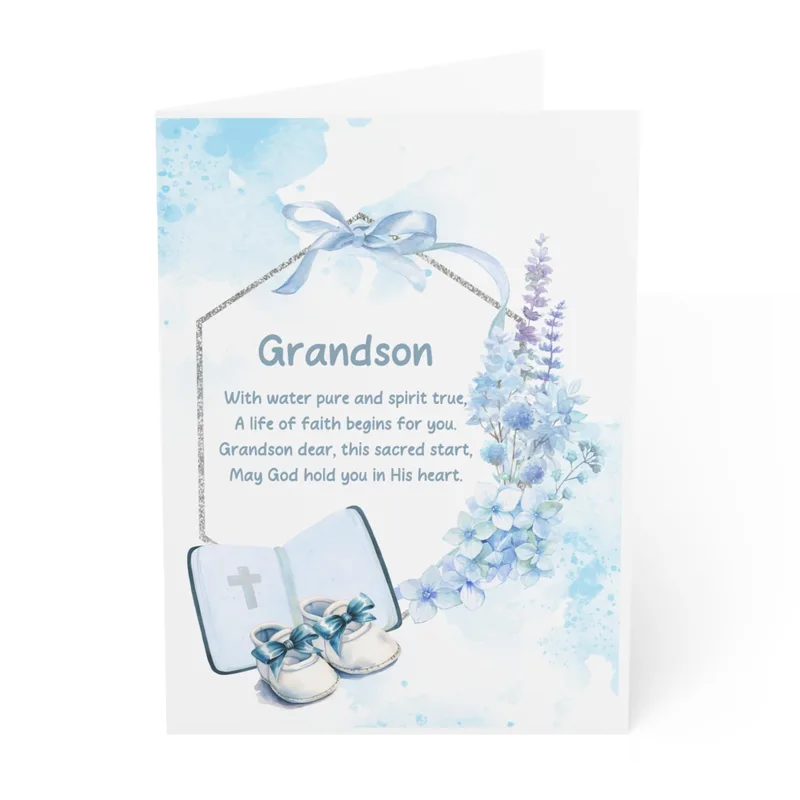 Blue Watercolor Baptism Shoes Card for a Grandson's Holy Communion