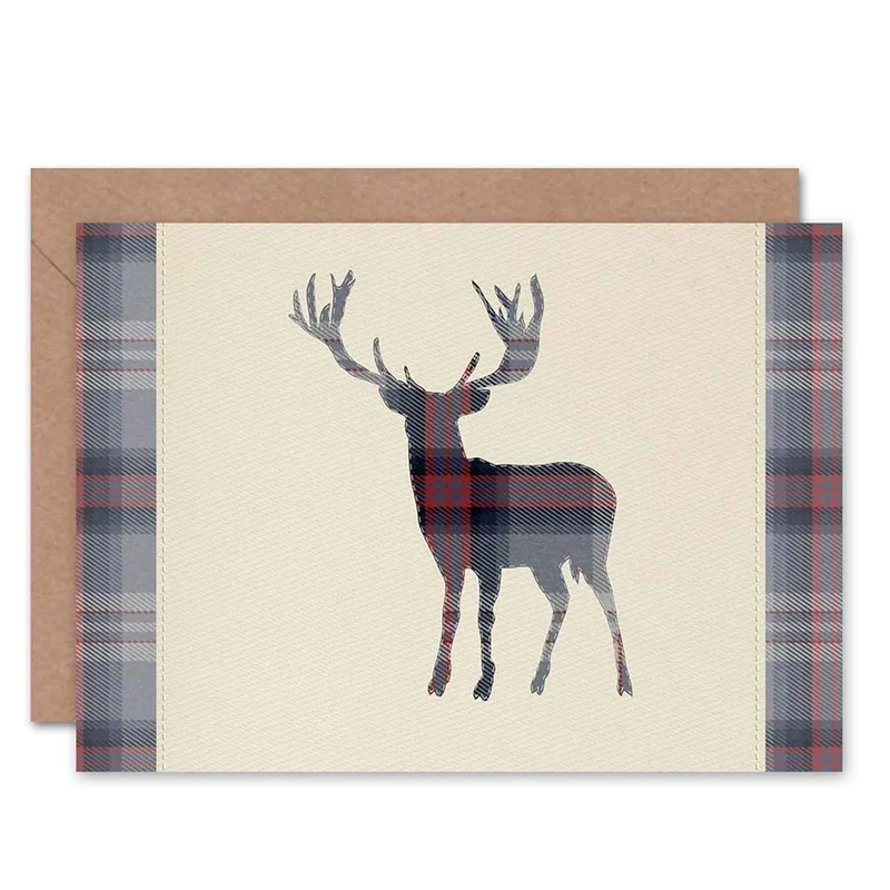 Stag Silhouette Tartan Border Card: Highland Deer Design