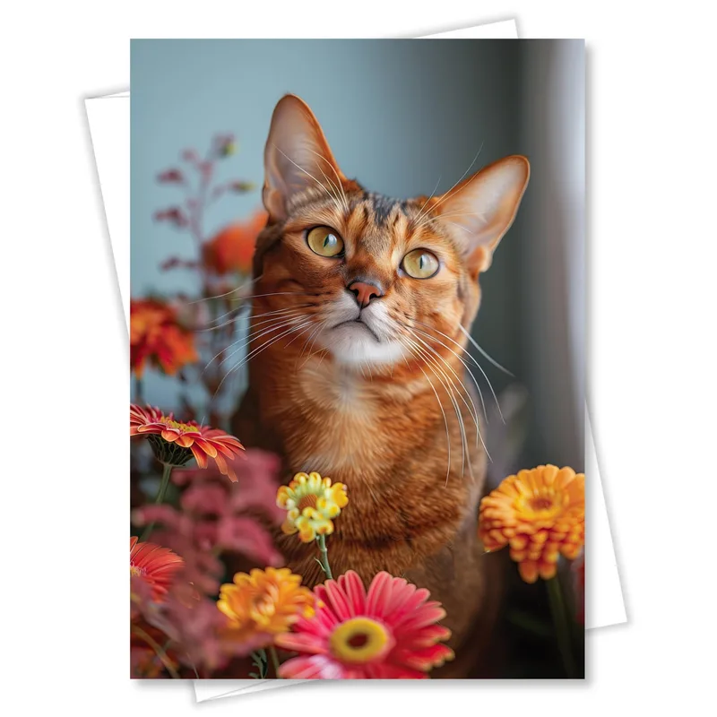 Ginger Cat Flowers Photo Card: A Feline Portrait Among Blooms