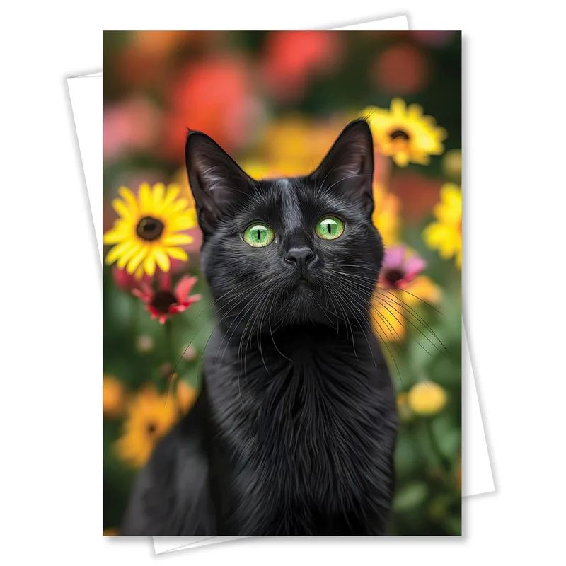 Black Cat Sunflowers Photo Card: A Feline Portrait Among Bright Blooms