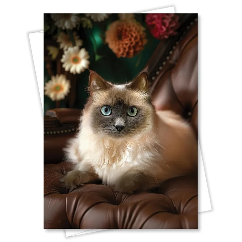 Fluffy Cat Brown Sofa Card: A Regal Feline on Leather