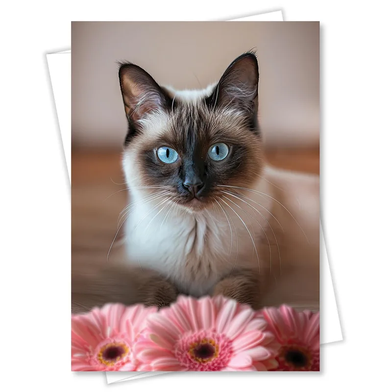 Siamese Cat Pink Gerberas Card: A Feline Portrait with Flowers