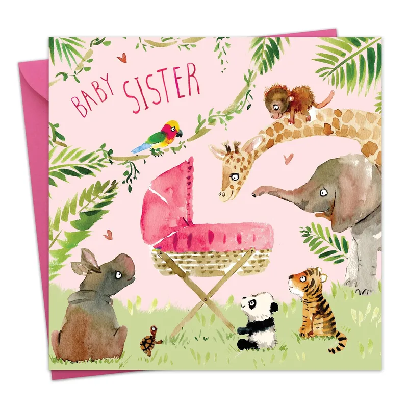 Crib Jungle Animals New Baby Card for a Sister Welcome