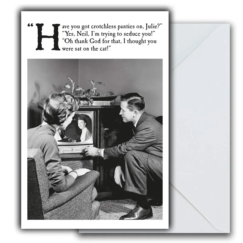 Vintage Black White Photo Card featuring a retro TV scene