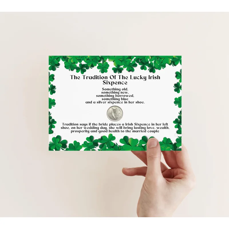 Shamrock Border Card Wedding Card: Lucky Irish Sixpence Tradition