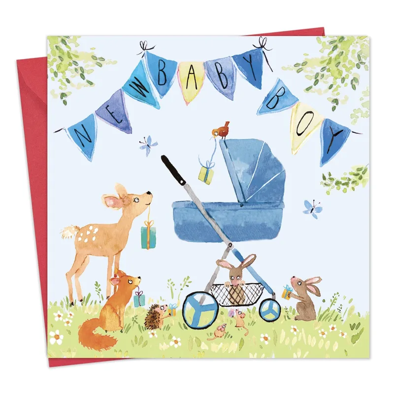 Pram Woodland Animals New Baby Card features a blue pram