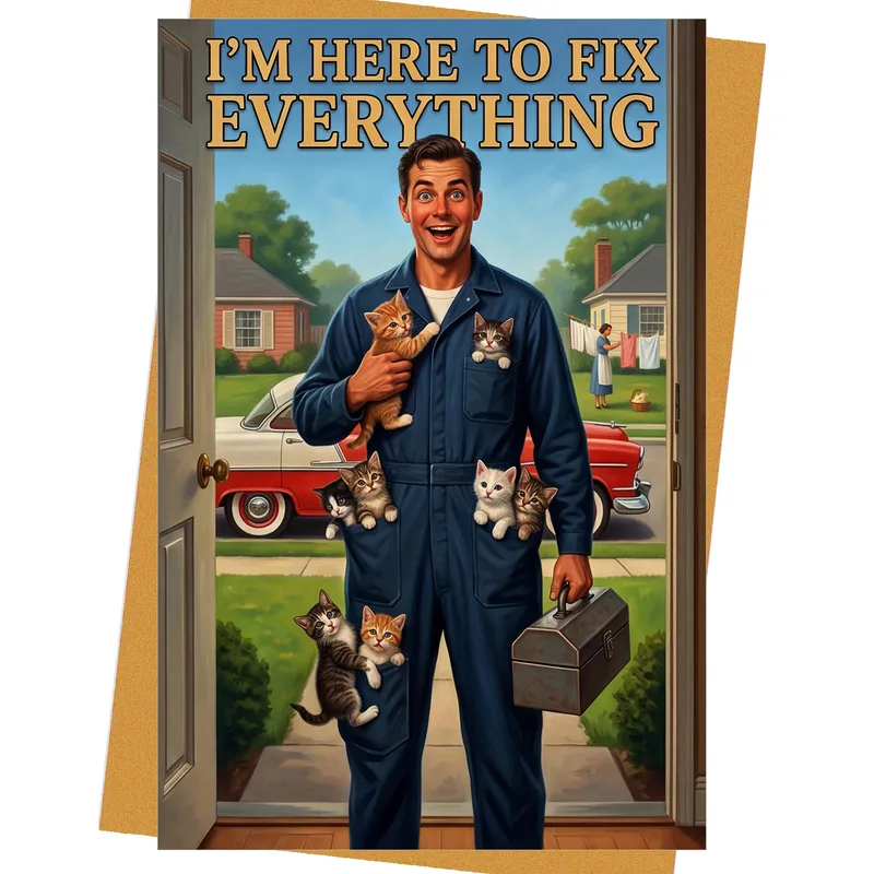 Handyman with Kittens Card: Fix Everything Greeting Card