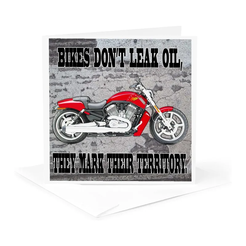 Red Motorcycle on Grey Card: Bikes Don't Leak Oil
