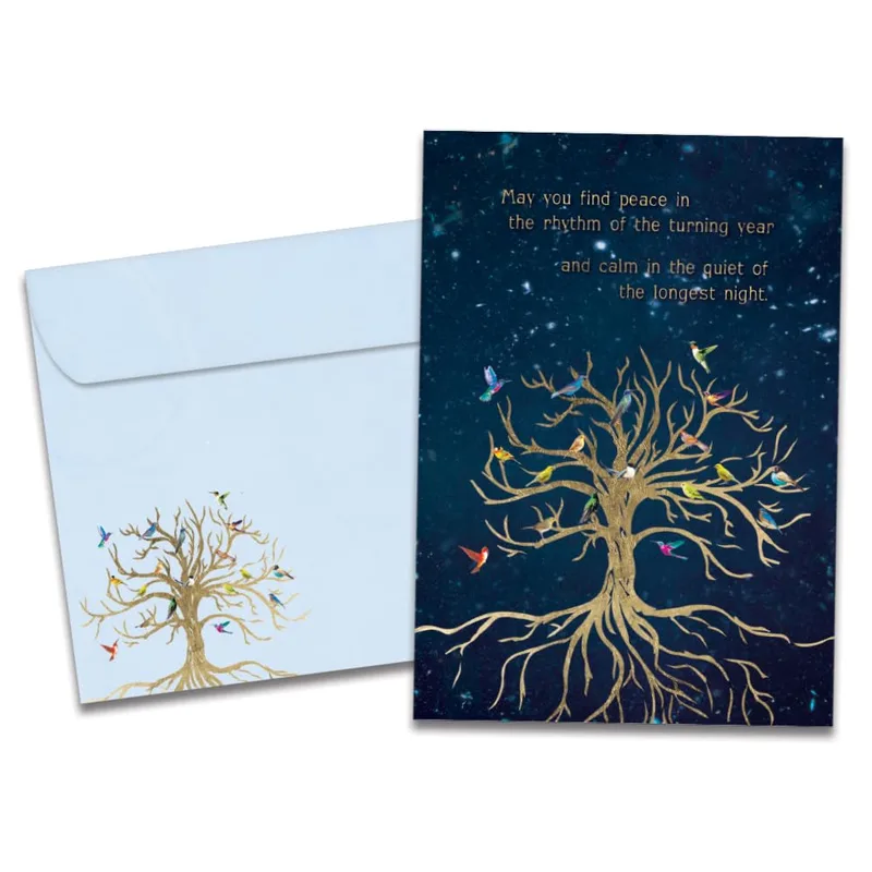 Golden Tree on Navy Card: Winter Solstice Greeting with Birds